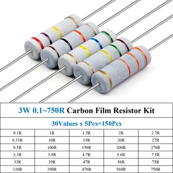 150Pcs 3W 0.1~750R Film de Carbon Rezistor Asortate Kit 30Values x 5 buc=150Pcs Eșantion Kit Inel de Culoare Rezistenta