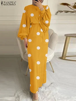 2022 Femei Vintage Imprimate cu Buline Sundress ZANZEA Primăvară Musulman Rochie Casual cu Maneci Lungi Abaya Hijab Maxi Vestido Halat de Femme