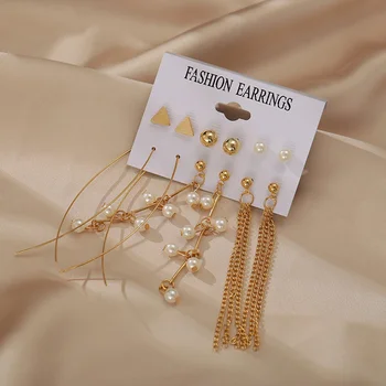 6Pairs/Set Simulate Perla Tassel Picătură Cercei Set Pentru Femei Vintage Fluture Geometrie Cristal de Culoare de Aur de Bijuterii Cercei 2021