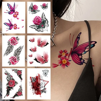 Acuarelă Fluture Flori Tatuaje Temporare Pentru Femei Fete Dantela Pene Geometrie Autocolant Tatuaj Fals A Crescut De Sexy Tatuaje Decor