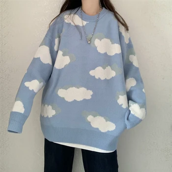 Alb Japonia Stil de Nori Tricotate Pulover si Vesta Stil Preppy Fete Dulci O-Gât Cer Albastru cu Maneci Lungi Pulovere Pulovere Chic