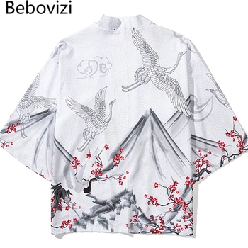 Bebovizi Stil Japonez Cardigan Kimono Chineză Harajuku Femei Bărbați Yukata Streetwear Cocorul Alb Tradițional, Halat De Topuri Obi
