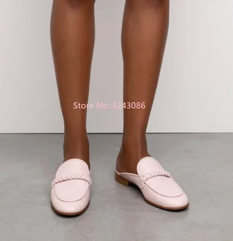Doamna Noul Roz Corzi Decor Plat Sandale De Moda Din Piele Neagra Casual, Papuci Femeie De Mari Dimensiuni Pantofi Casual Dropship