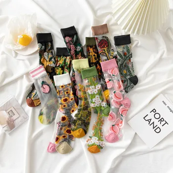 Femei Șosete Florale Proaspete De Artă Șosete Amuzante Transparent Design Abstract Dantela Șosete Drăguț Femei Jacard Femei Subțire Socken