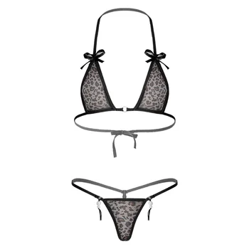 Femeile Micro Bikini Set Transparent se Vedea prin Mesh Bikini Lenjerie de corp, Costume de baie Halter Lace-up necăptușit Sutien Top cu Monokini Tanga