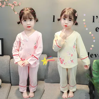 Fete pentru copii Set de Pijama Copii Flori Imprimate Topuri+pant 2 buc Costum de Toamna Iarna pentru Copii Haine pentru Copii Costume de Stil Chinezesc Hanfu
