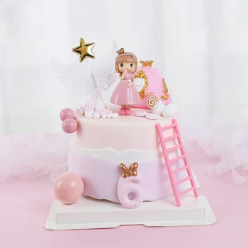 Frumoasă Fată Roz Arc Princess Happy Birthday Cake Topper Masina De Dovleac Alb Aripa Ciucure Stele Decor Baby Shower Cadouri