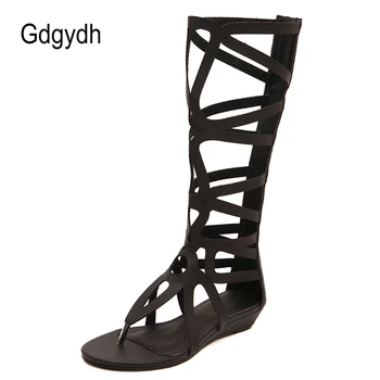 Gdgydh Zapatos Mujer Verano 2021 Sandalia Genunchi Ridicat Sandale Gladiator Sandale Strappy Cruce De Aur Negru Cu Fermoar Cut-Out Pană