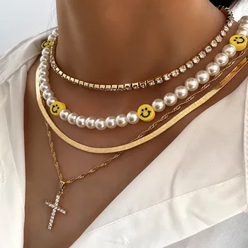 Moda Cristal Cruce De Metal Lanț De Șarpe Coliere Pentru Femei Multistrat Smiley Perla De Cristal De Tenis Lanț Cravată Colier Bijuterii