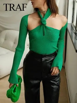 TRAF 2022 femeii Pulover Retro Culoare Solidă Maneca Lunga Pulover de Căpăstru Sexy Slim Strada Femei Top Moda coreeană y2k Haine