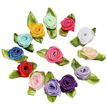 Fierbinte 100buc Mini Panglica de Satin Rose Flori, Frunze Decor Nunta Aplicatii de Cusut DIY Principal de Culoare:Roz