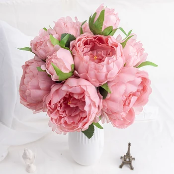 flori artificiale bujor buchet de mătase albă, cu capul mare și bud frumoase flori false pentru petrecerea de nunta acasă decor de masă roz